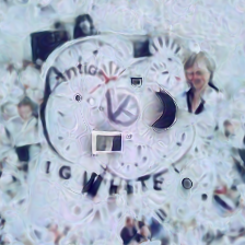 a white clock with strange writing and blurred figures