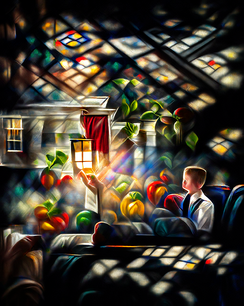 an illustration of a person looking upward in a vividly bright & colorful room.